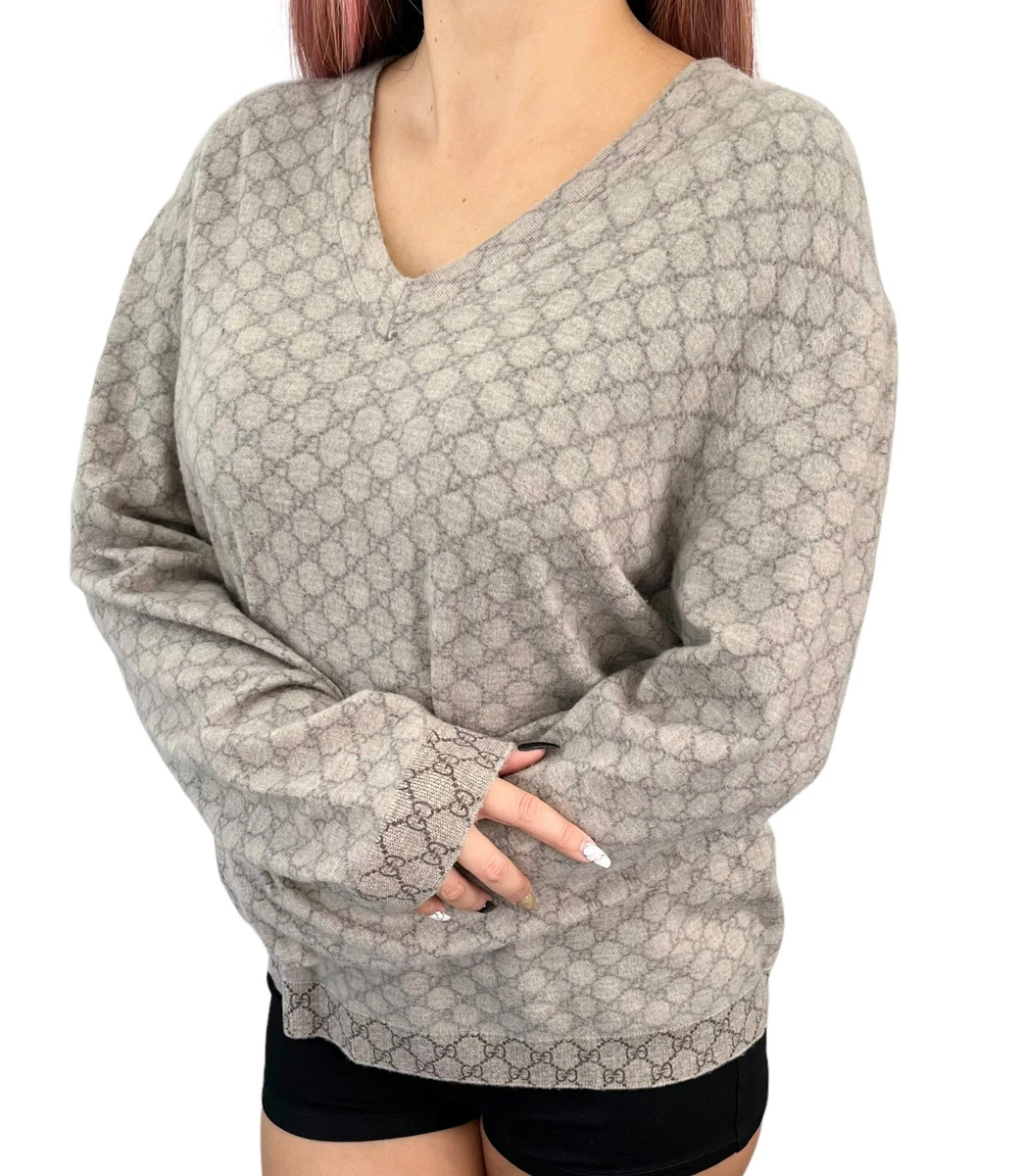 GUCCI Vintage GG Monogram Sweater Top #XL Pullover Cashmere Beige
