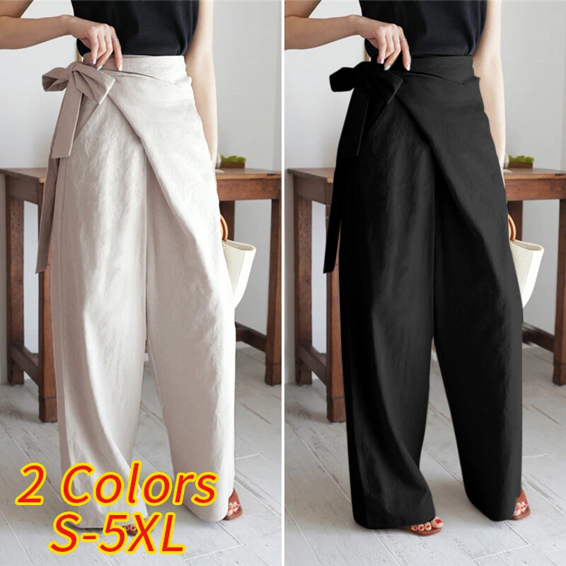 New Women High Waist Tie Up Casual Pants Wide Leg Palazzo Loose Trousers UK  8-26 | eBay