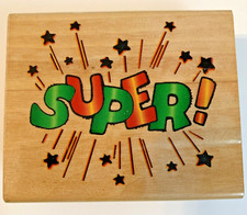 3" x 2.5" SUPER w/ Stars Rubber Stamp - Wood Mounted - Unused