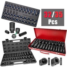DEEP & SHALLOW IMPACT SOCKET Set 1/2" 3/8"Dr 32/35pc 7-22/8-32mm 6pt Hex Sockets