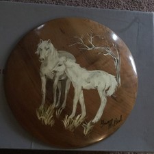 Vintage Myrtle-wood Grants Pass Oregon Round Hand Painted Horses Signed