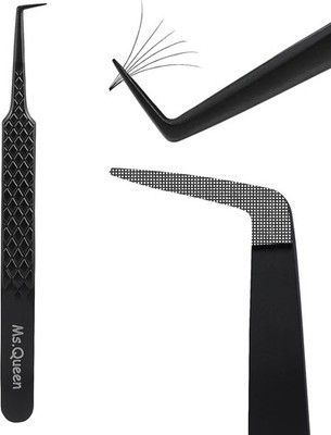 Ms.Queen Lash Tweezers for Eyelash Extensions, Diamond Grip 90 Degree Black