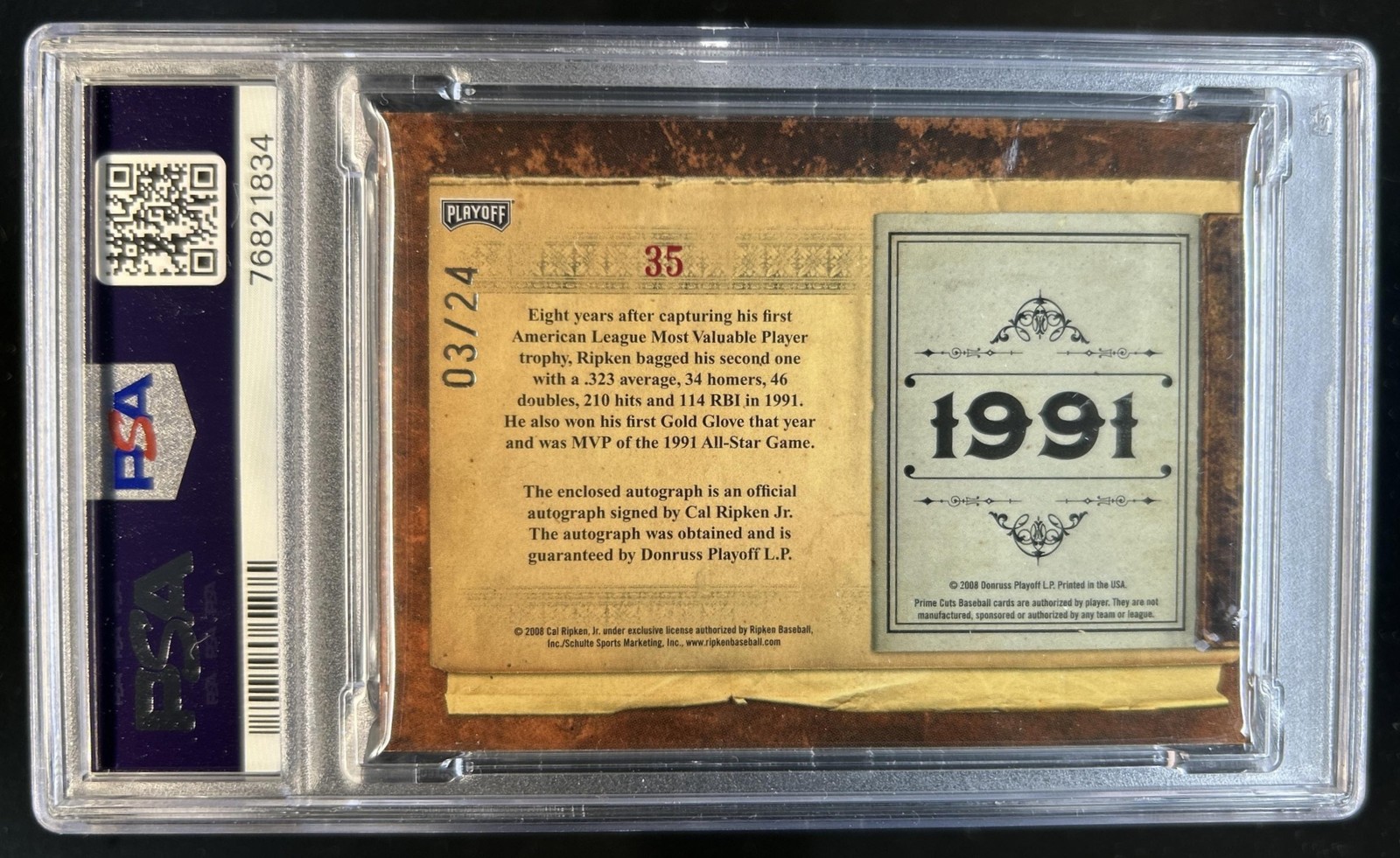 2008 Playoff Prime Cuts Cal Ripken Jr. Auto Biography #/24 Orioles PSA 3 view 2