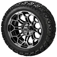 (4) Golf Cart 20x10-12 Sierra Sport Tires on 12x7 Black/Machined Hercules Wheels