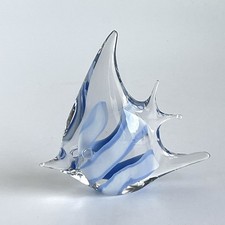 Art Glass Angel Fish Hand Blown Murano Style Figurine Paperweight Blue  White