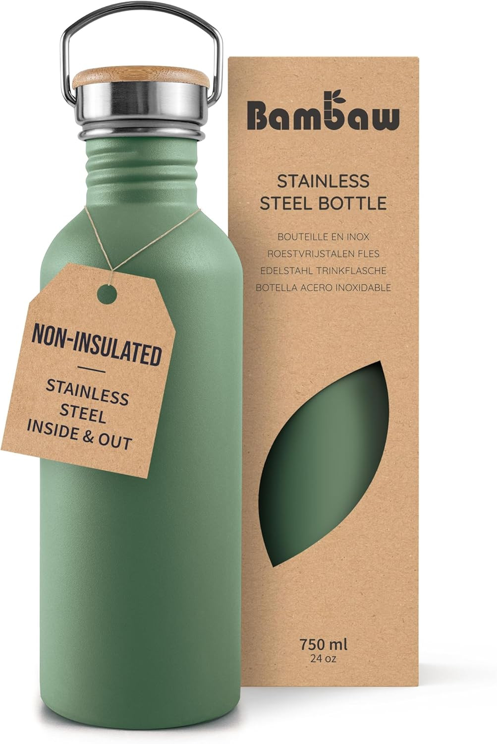 Stainless Steel Water Bottle 750Ml, Green, Non-Insulated, BPA Free, Leak-Proof,
