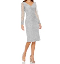 Mac Duggal Illusion Sleeve Lace Dress In Platinum Size 8 NWT MSRP $498