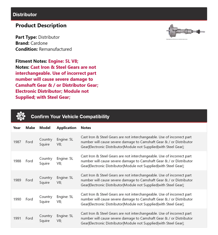 Ford Country Squire 1987-1991 5L V8 distribuidor Cardone 1988 1989 1990 Foto 2 de 4