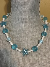 Sea Beach Starfish Women Necklace Blue Glass Beads Faux Pearls 21