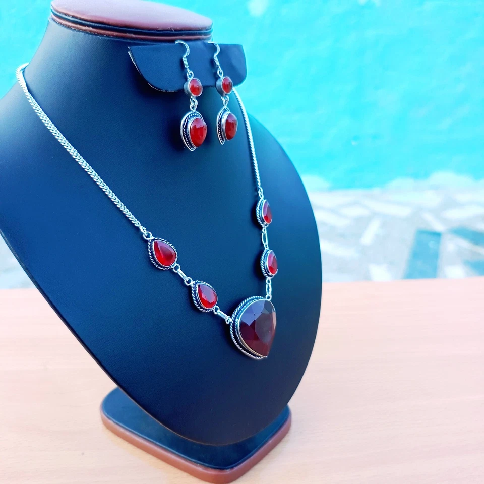 Red Topaz Gemstone Jewelry Sets 925 Sterling Silver Handmade Necklace Earring - Image 3 of 4