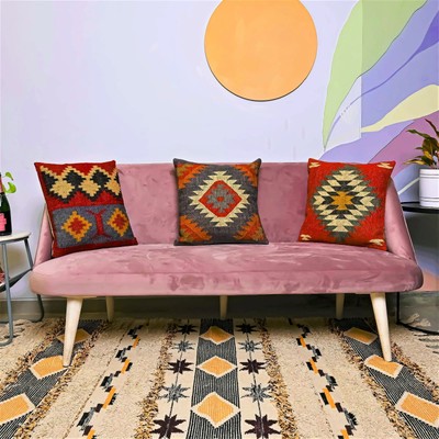 Set of 3, 18x18 Inch Kilim Pillow Cover Aztec Vintage Multicolor Cushion Case