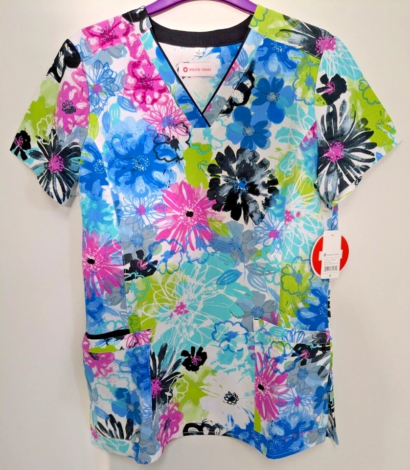 White Cross Scrub Top, Size Small, Princess Seams, Very Colorful!! Wow!! - Image 2 of 4