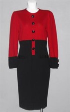 VTG Leilian Ribbed Cuffs Waist Black & Garnet Knit Dress Zip Back Wm's 42 Italy