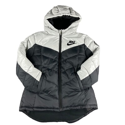 Nike Youth Girl's Therma Fleece Lined Grey Black Puffer Jacket Size