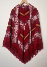 Artisan Handwoven 100 Wool Poncho Fringe Geometric One Size Red Made in Ecuador