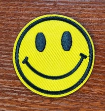 Happy Face Patch Yellow 2.5" Hippy Good Vibes Smile Emoji Embroidered Iron On 