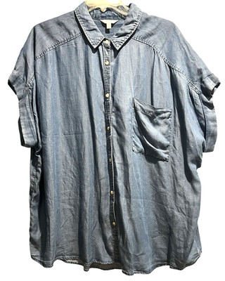Terra & Sky Top Size 3X Chambray Blue Short Sleeve Button Down Collared Shirt