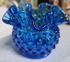 VINTAGE SIGNED FENTON 3" ELECTRIC BLUE HOBNAIL VASE WITH RUFFLED EDGES