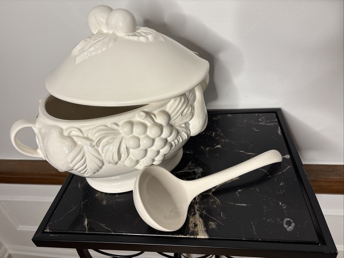 Vintage Over & Back White Ceramic Embossed Fruit Design Soup
