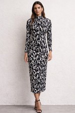 By Anthropologie Long-Sleeve Mock-Neck Printed Slim Midi Dress