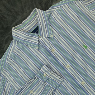 Ralph Lauren Shirt Mens Medium Blue Green Striped Button Dwn Custom Fit Pony Vtg