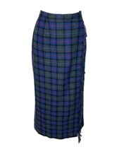 VINTAGE JOAN LESLIE BLUE WOOL PLAID FAUX WRAP MAXI SKIRT SZ 16
