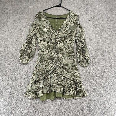 Zara Python Dress Womens M Green Snake Ruched Bodycon Ruffle Hem Going Out