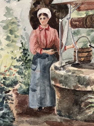 Aquarelle Ecole Française Fin XIX-Début XXe Jeune femme au puits Projet au dos - Photo 6/13