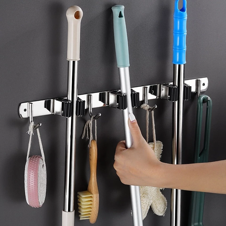 Broom Holder Kitchen Puncture-free Wall Mount Mops Hanger Stainless Storage hold - Image 2 of 4