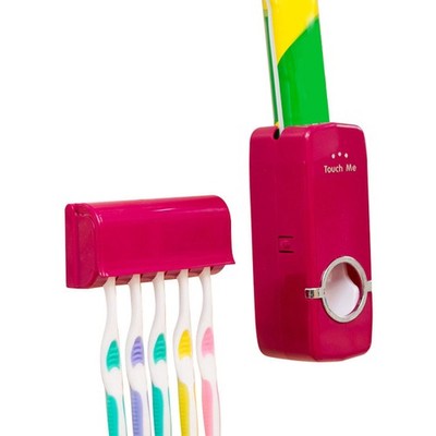 Red Automatic Toothpaste Dispenser Set Hanging 5 Toothbrushes Toothpaste Squ SET