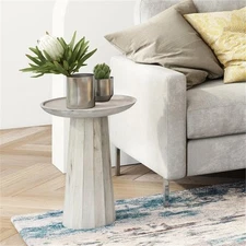Simpli Home Dayton 13" Round Contemporary Solid Wood Accent Table in White Wash
