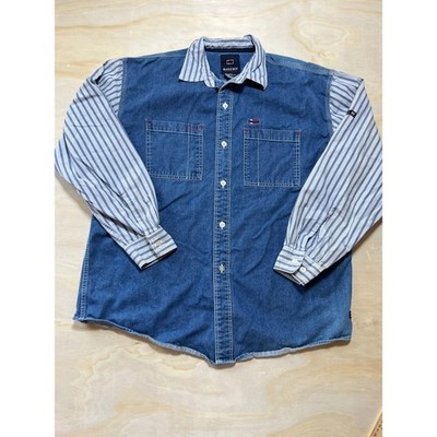 Vintage Bugle Boy Denim Striped Sleeve Button Down Shirt Mens Large Blue BUN202