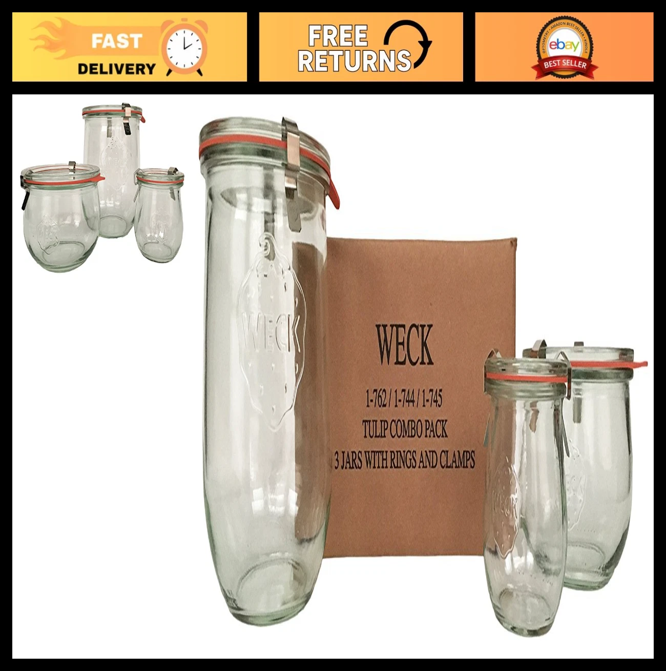 Glass Storage Jar Set - 3 Tulip Jars with Lids, Rubber Rings & Clamps - Kitchen