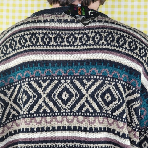 Deadstock VTG 90s Impact Abstract Geometric Sweater Leather Patch Accents XLarge - Picture 8 of 9