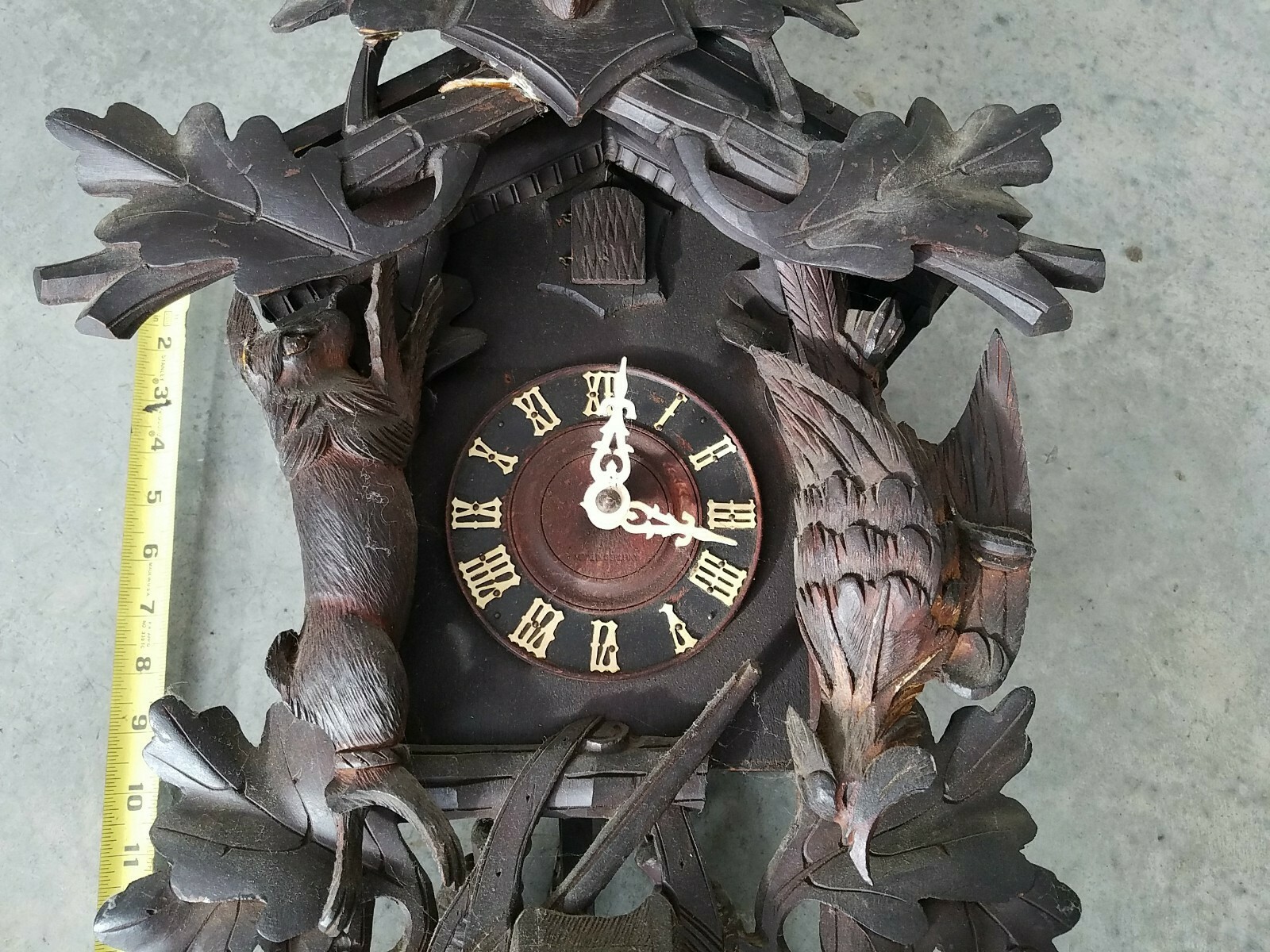 Antique Carved Wood Black Forest Cuckoo Clock Deer Gun Rabbit Motif ...