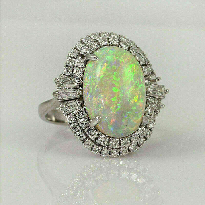 3 Carat Oval Round Cut White Opal Double Halo Engagement Ring in 14K White Gold