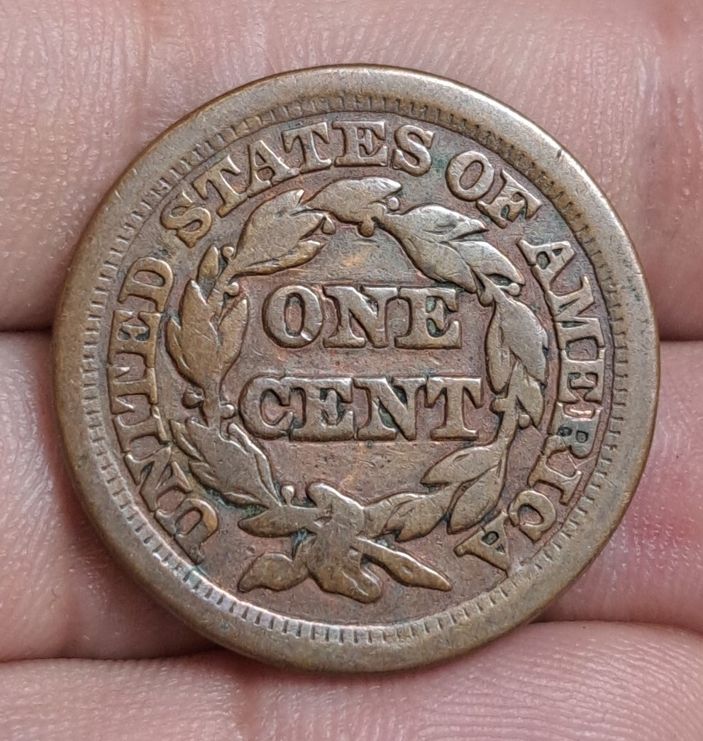 1849 Braided Hair Cent Liberty Facing Left Value Within Wreath