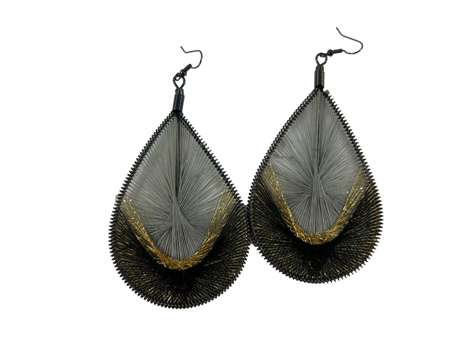 Large String Art Thread Earrings Teardrop Black G… - image 1