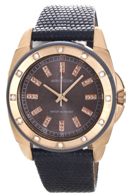 AK Anne Klein Watch Y121e 9178 Black Band Gold Bezel & Crystal