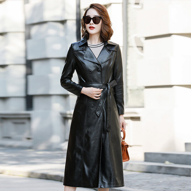 Plus Size Women Leather Trench Coat Long Winter Quilted Plus Size Women Leather Trench Coat Long Winter Quilted