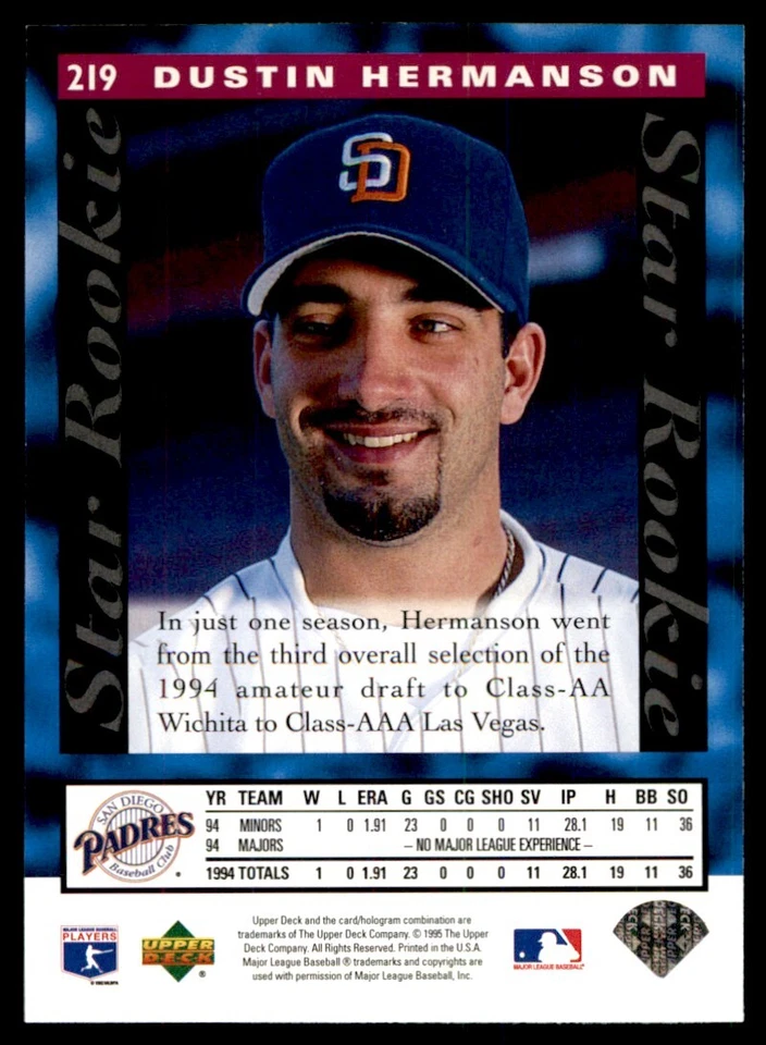 1995 Upper Deck Electric Diamond Gold Dustin Hermanson San Diego Padres #219 - Image 2 of 2