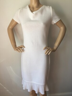 NWT St John Knit Dress  Size 2 Bright White Ruffle Santana knit wool rayon