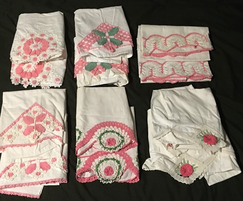 Vintage Konvolut 6 PAAR Kissenbezüge gehäkelt rosa weiß absolut bezaubernd