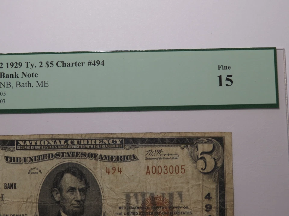 $5 1929 Bath Maine ME National Currency Bank Note Bill Charter #494 F15 PCGS - Image 3 of 4