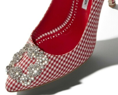 $1195 NEW Manolo Blahnik HANGISI 105 Red Gingham Jeweled Shoes