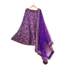party wear Purple Net Raw silk Hand Embroidered Lehenga Set of 3pcs zardozi zari