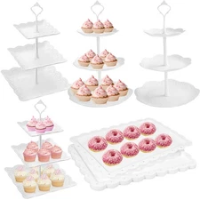 10 Pcs Cake Stand White Plastic Dessert Table Display Set 4 Pcs 3 Tired Cupca...
