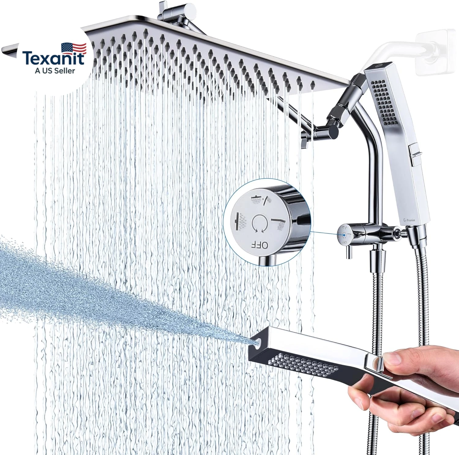 All Metal 12 Inches Rain Shower Head with Handheld Built-In Power Wash Mode, 3-W