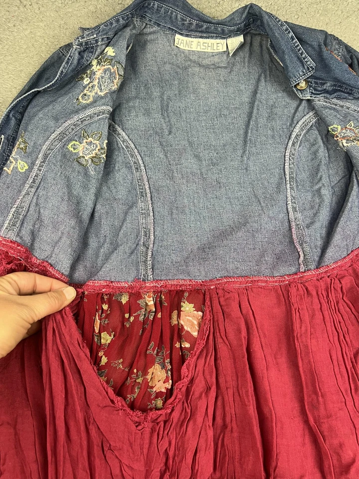 Jane Ashley Dress Womens Large Denim Button Front Red Floral Maxi Embroidered - Image 3 of 4