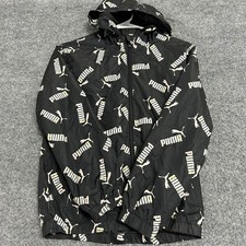 Puma Windbreaker Kids Size XL Black All Over Print Hooded Full Zip Jacket